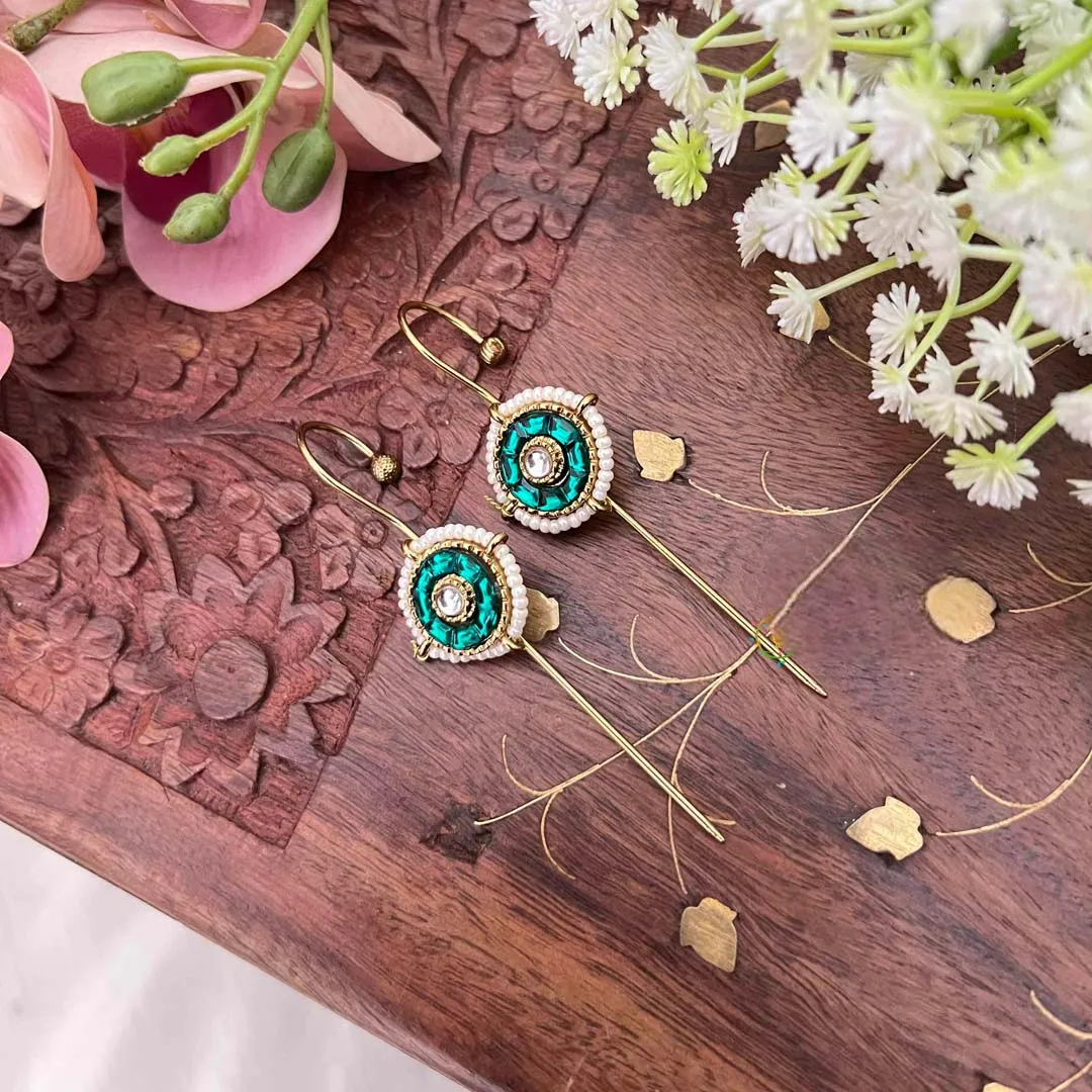Antique Gold Circular Hair Pin with White Polki Bugadis-White Green